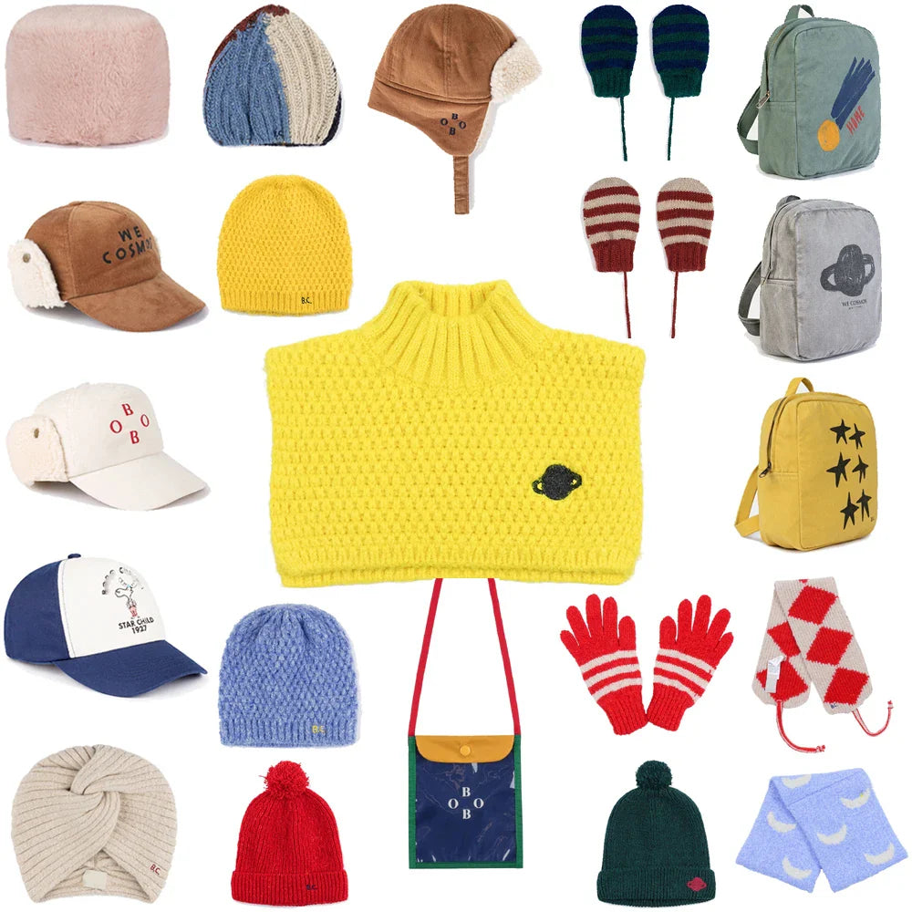 Kids Hat 2023 Autumn Winter StRafina Boys Girls Knitted Hat Baseball Cap Baby Gloves Scarf Muffler Children Hunting Cap Bag