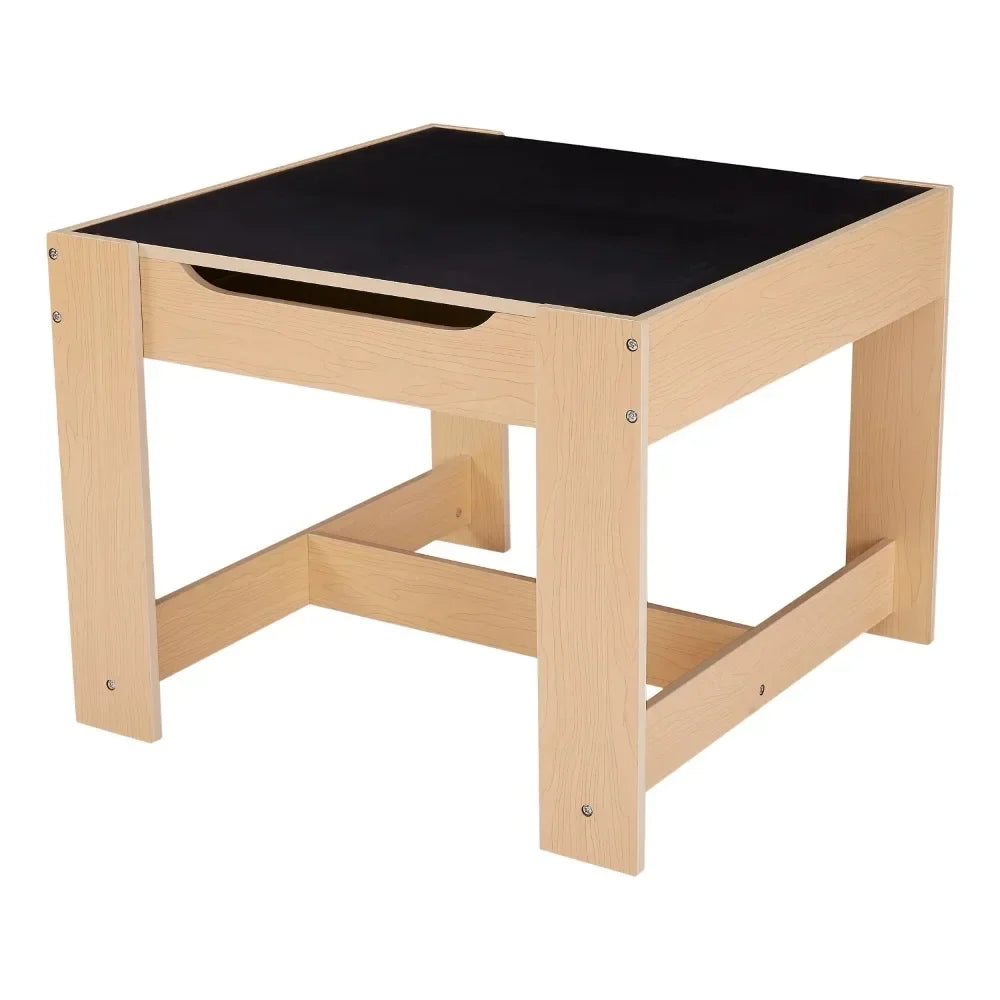 Kids Wooden Storage Table and Chairs Set, Natural Color, Melamine, 3 Piece, 3-7 Years Old Children Desk and Chair Set