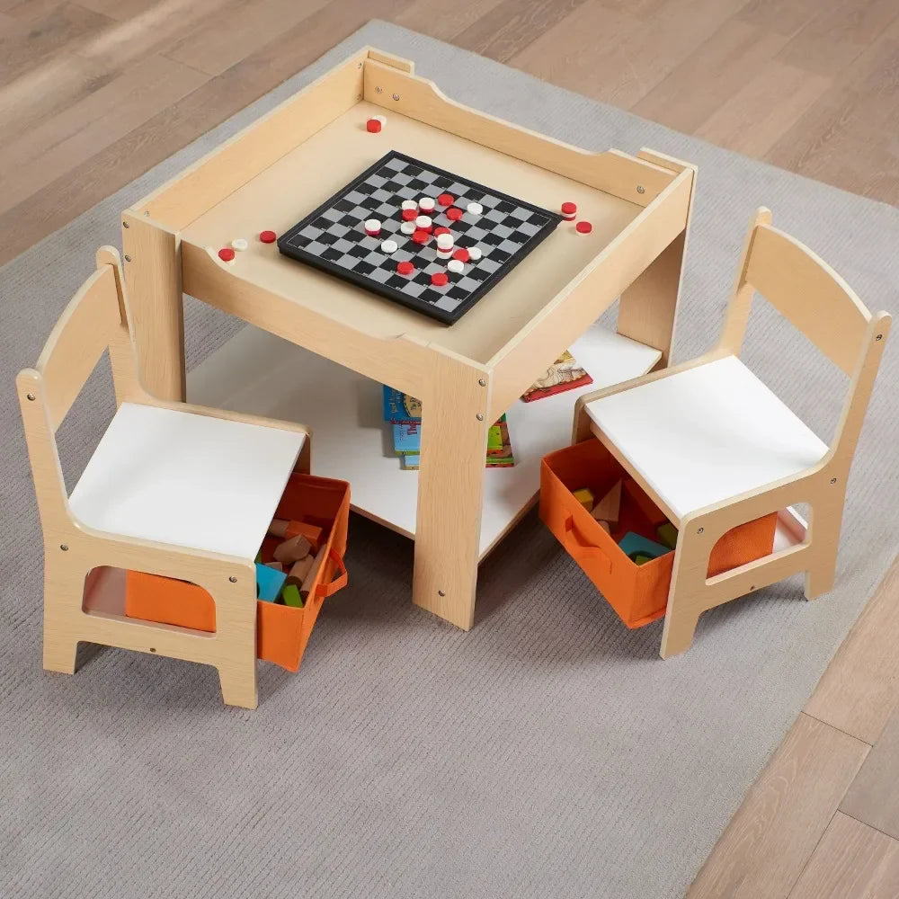 Kids Wooden Storage Table and Chairs Set, Natural Color, Melamine, 3 Piece, 3-7 Years Old Children Desk and Chair Set