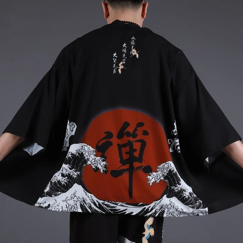 Kimono Man Japanese Clothes Yukata Male Samurai Costume Haori Obi Beach Men's Kimono Cardigan Japanese Streetwear Jacket 1001