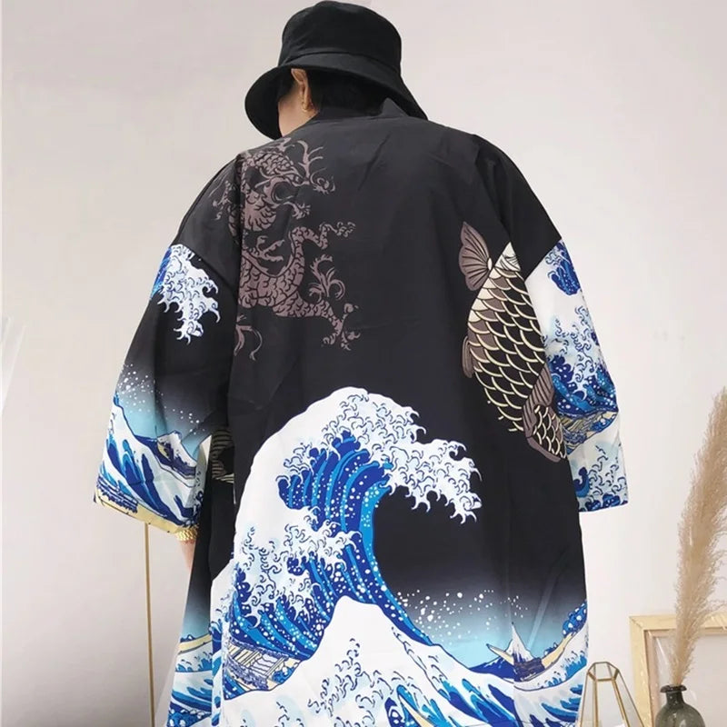 Kimono Man Japanese Clothes Yukata Male Samurai Costume Haori Obi Beach Men's Kimono Cardigan Japanese Streetwear Jacket 1001