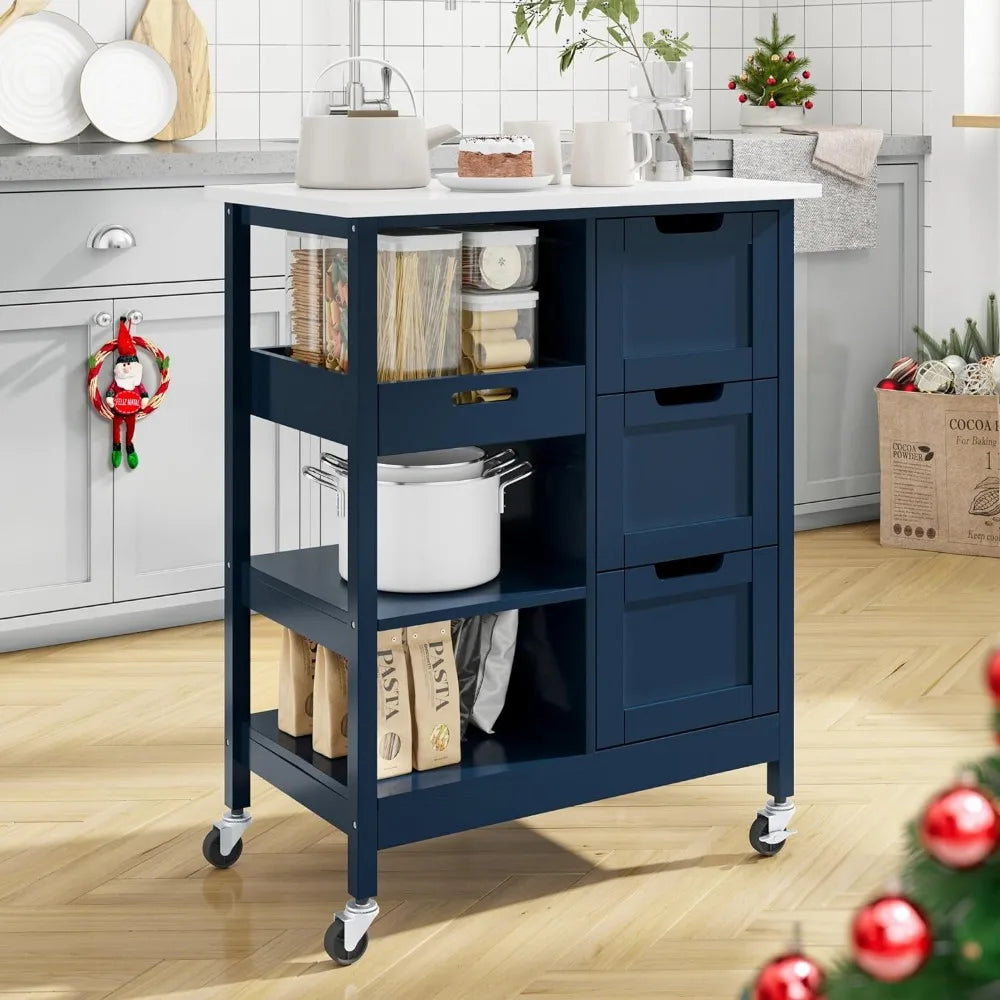 Kitchen Furniture Small Solid Wood Top Kitchen Island Cart on Wheels With Storage Trolley Auxiliary Organizer Multi-purpose Home