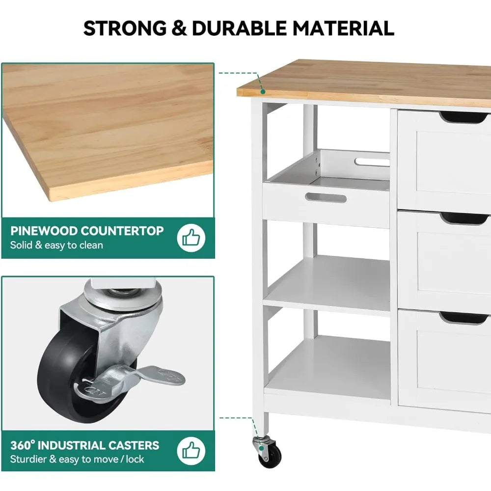 Kitchen Furniture Small Solid Wood Top Kitchen Island Cart on Wheels With Storage Trolley Auxiliary Organizer Multi-purpose Home