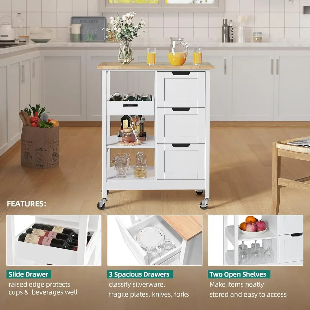 Kitchen Furniture Small Solid Wood Top Kitchen Island Cart on Wheels With Storage Trolley Auxiliary Organizer Multi-purpose Home