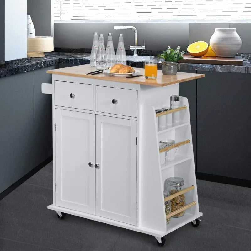 Kitchen Island Cart, Rolling Wood Trolley with Storage Cabinet, Towel Handle, 2 Drawers, Side Spice Rack and Wine Bottle Rack