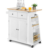 Kitchen Island Cart, Rolling Wood Trolley with Storage Cabinet, Towel Handle, 2 Drawers, Side Spice Rack and Wine Bottle Rack