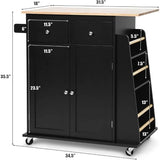 Kitchen Island Cart, Rolling Wood Trolley with Storage Cabinet, Towel Handle, 2 Drawers, Side Spice Rack and Wine Bottle Rack