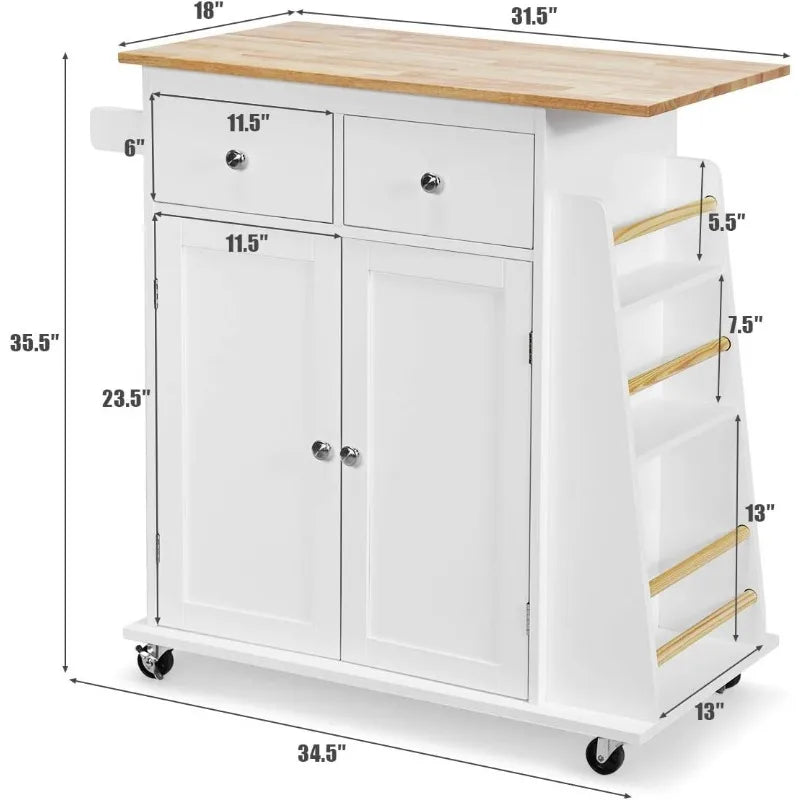 Kitchen Island Cart, Rolling Wood Trolley with Storage Cabinet, Towel Handle, 2 Drawers, Side Spice Rack and Wine Bottle Rack