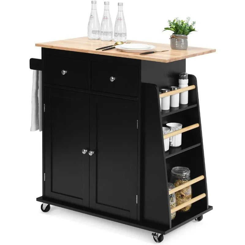 Kitchen Island Cart, Rolling Wood Trolley with Storage Cabinet, Towel Handle, 2 Drawers, Side Spice Rack and Wine Bottle Rack