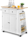 Kitchen Island Cart, Rolling Wood Trolley with Storage Cabinet, Towel Handle, 2 Drawers, Side Spice Rack and Wine Bottle Rack