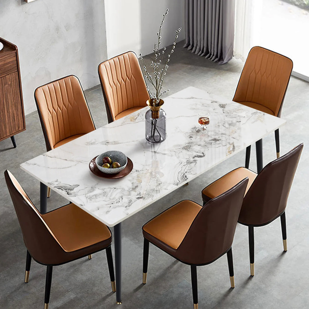 Kitchen Table Rectangle Dining Table Modern Dining Room Table with White Sintered Stone Top and Metal Legs