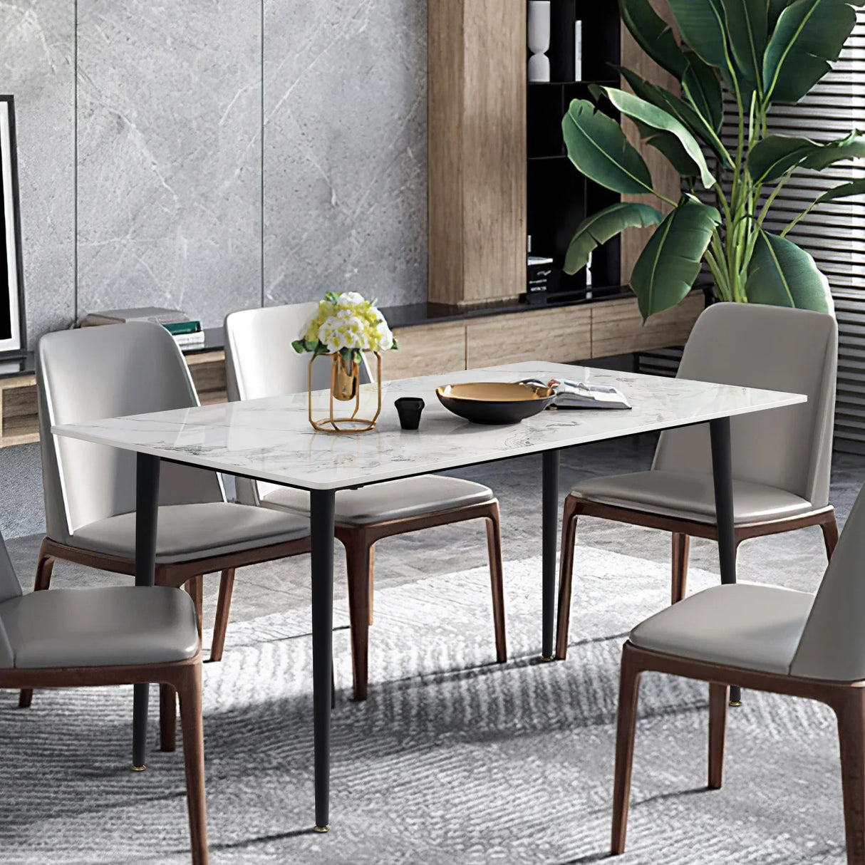 Kitchen Table Rectangle Dining Table Modern Dining Room Table with White Sintered Stone Top and Metal Legs