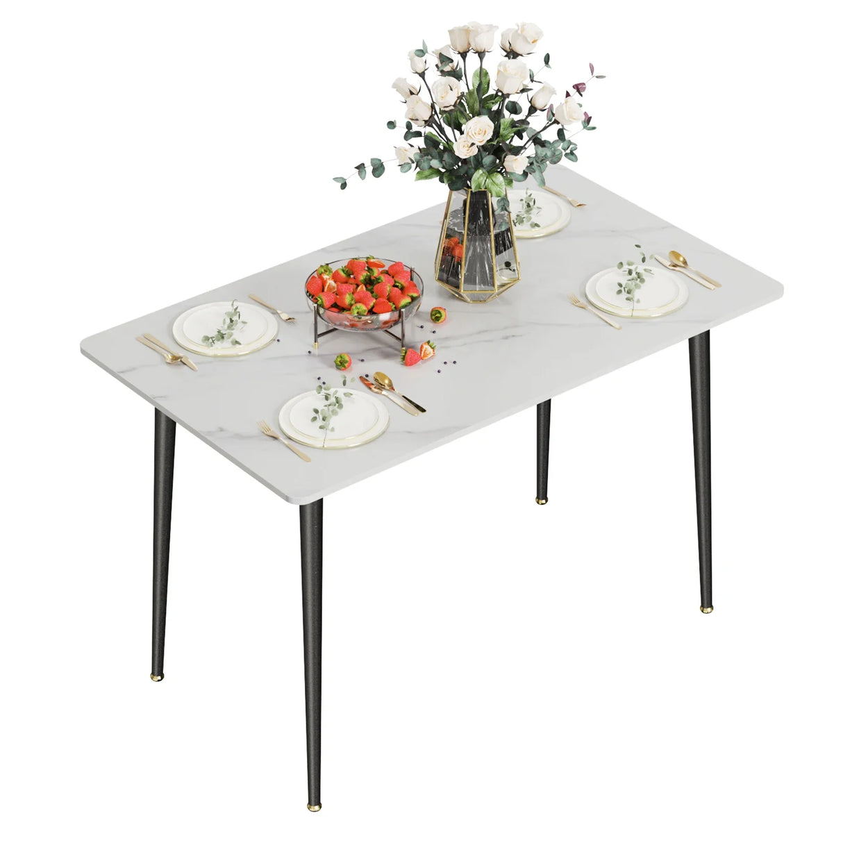 Kitchen Table Rectangle Dining Table Modern Dining Room Table with White Sintered Stone Top and Metal Legs