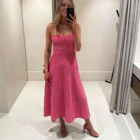 Knitted Pleated Long Dress High Waist Midi Sling Dress Elegant Sleeveless Yellow Dress Women Streetwear Black Bodycon Dress