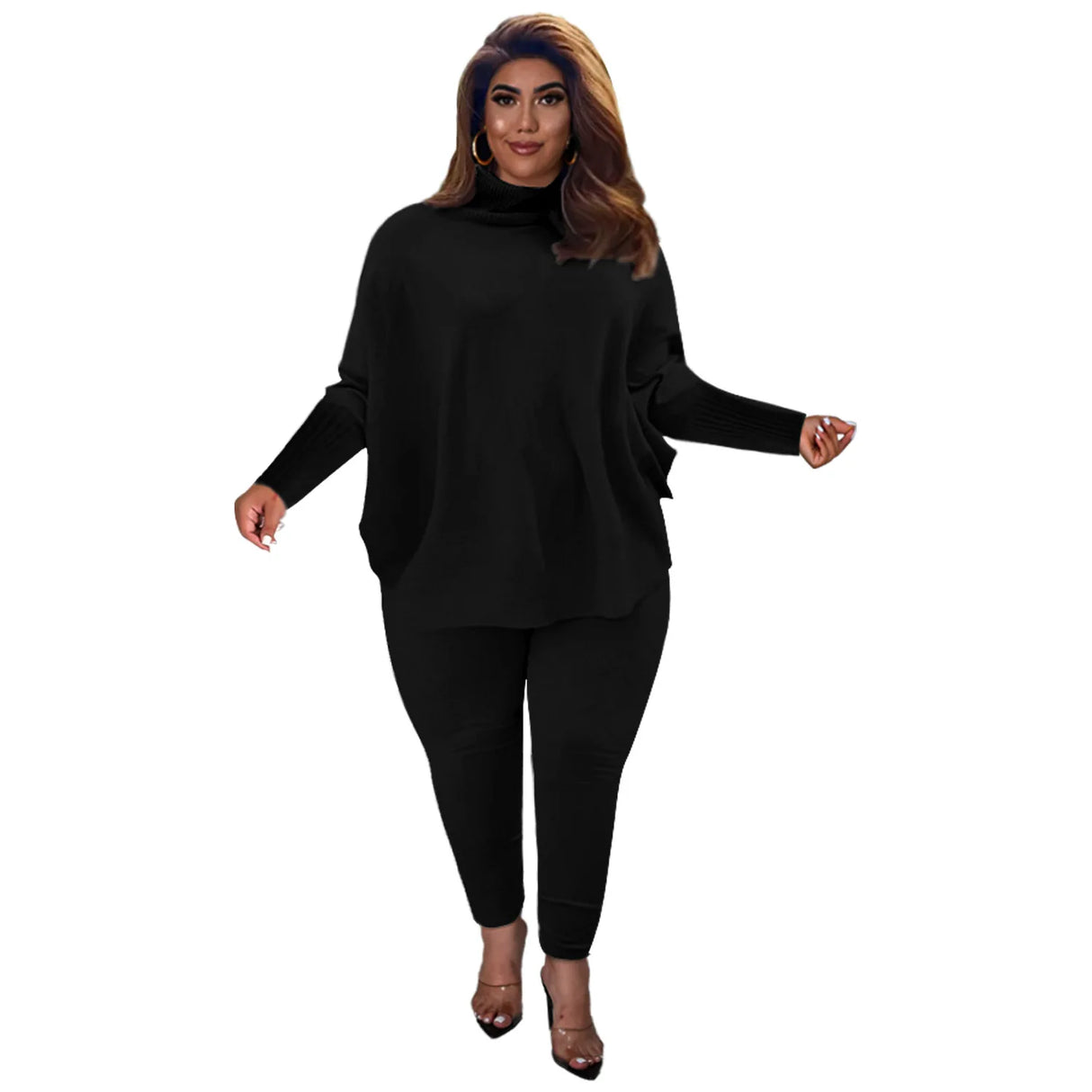 Knitted Plus Size Women 2 Piece Set Casual Solid Bat Sleeve Split Knit Top Trousers Ribbed Pit Strip Matching Fall Winter Outfit