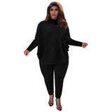 Knitted Plus Size Women 2 Piece Set Casual Solid Bat Sleeve Split Knit Top Trousers Ribbed Pit Strip Matching Fall Winter Outfit