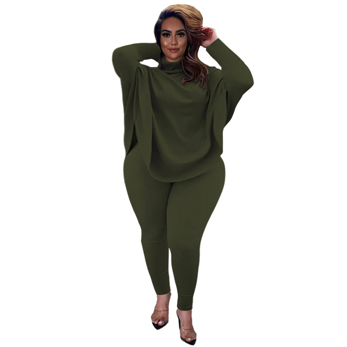 Knitted Plus Size Women 2 Piece Set Casual Solid Bat Sleeve Split Knit Top Trousers Ribbed Pit Strip Matching Fall Winter Outfit