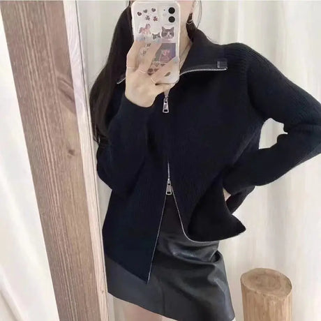 Knitted cardigan sweater female spring and autumn lapel zipper sweater long sleeve solid women foreign outerwear cardigan female