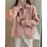 Knitted cardigan sweater female spring and autumn lapel zipper sweater long sleeve solid women foreign outerwear cardigan female