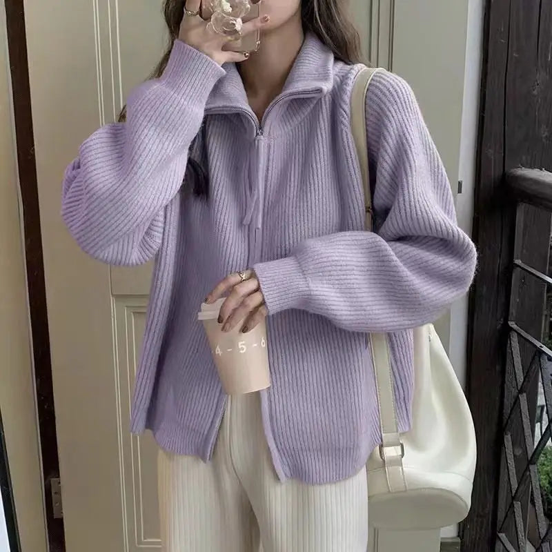 Knitted cardigan sweater female spring and autumn lapel zipper sweater long sleeve solid women foreign outerwear cardigan female