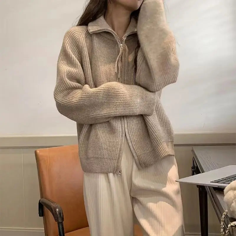 Knitted cardigan sweater female spring and autumn lapel zipper sweater long sleeve solid women foreign outerwear cardigan female