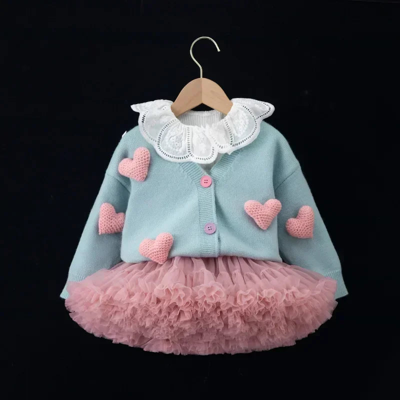 Korean Kid Set Baby Girls Suit Autumn New Long Sleeve Children's Sweater + Skirt Set Girl Lovely Print Pleated Skirt W-S1032