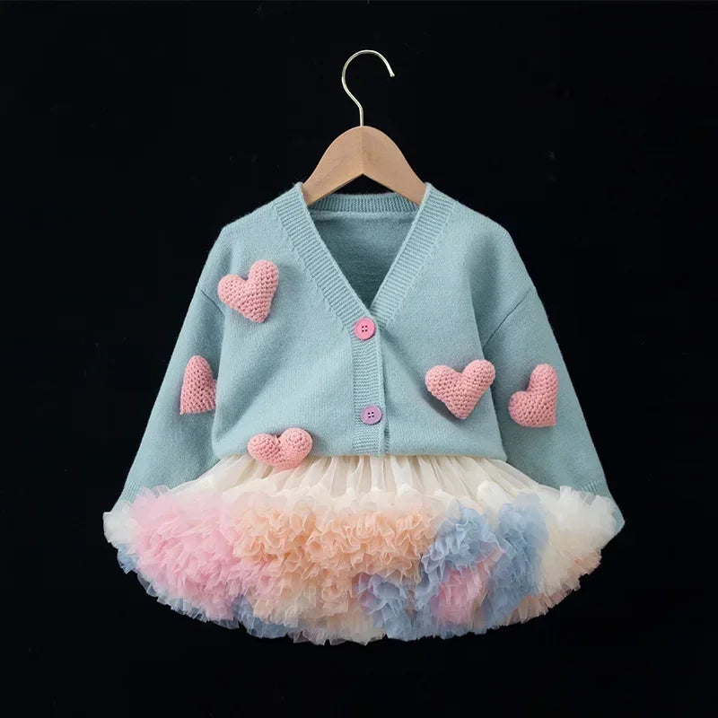 Korean Kid Set Baby Girls Suit Autumn New Long Sleeve Children's Sweater + Skirt Set Girl Lovely Print Pleated Skirt W-S1032