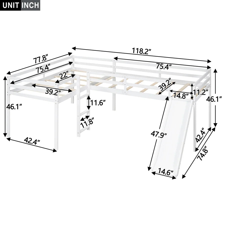 L-Shaped Twin Size Loft Bed with Ladder and Slide, Sturdy Frame, Simple Style, Children Bed for Bedroom, Save Space, White