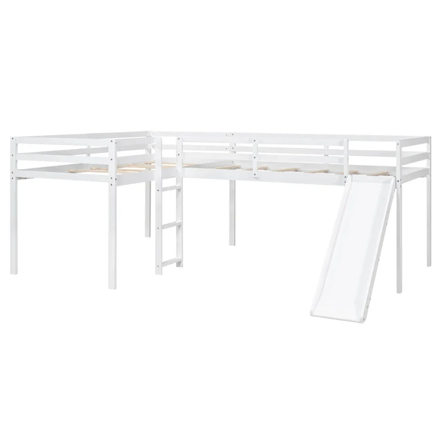 L-Shaped Twin Size Loft Bed with Ladder and Slide, Sturdy Frame, Simple Style, Children Bed for Bedroom, Save Space, White