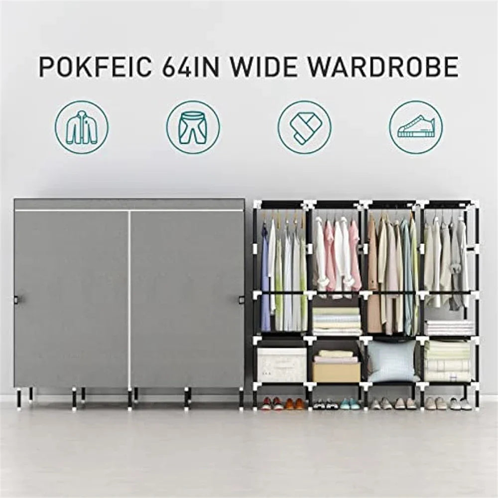 LEEGOHOME Closet Wardrobe 64in 163x42x170cm Wardrobe Steel Fabric Closet Clothes Hanging with 8 Storage Shelves & 4 Hanging Rods