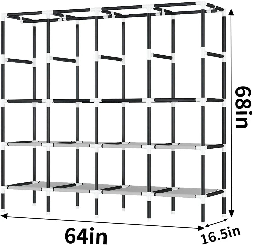 LEEGOHOME Closet Wardrobe 64in 163x42x170cm Wardrobe Steel Fabric Closet Clothes Hanging with 8 Storage Shelves & 4 Hanging Rods