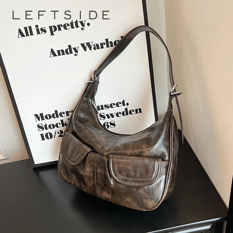 LEFTSIDE Fashion Double pockets Design Retro PU Leather Shoulder Bag for Women 2023 Female Crossbody Bag Underarm Bags Handbags