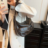 LEFTSIDE Fashion Double pockets Design Retro PU Leather Shoulder Bag for Women 2023 Female Crossbody Bag Underarm Bags Handbags