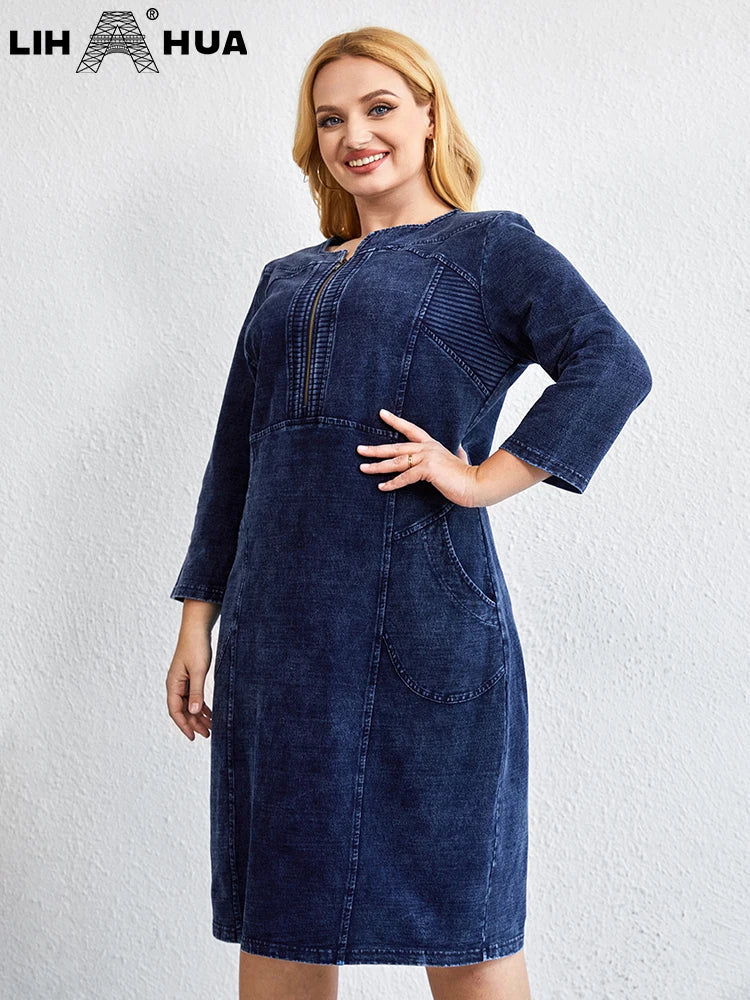 LIH HUA Women's Plus Size Denim Dress Autumn Chic Elegant Dresses For Chubby Women Cotton Knitted Dress