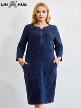 LIH HUA Women's Plus Size Denim Dress Autumn Chic Elegant Dresses For Chubby Women Cotton Knitted Dress