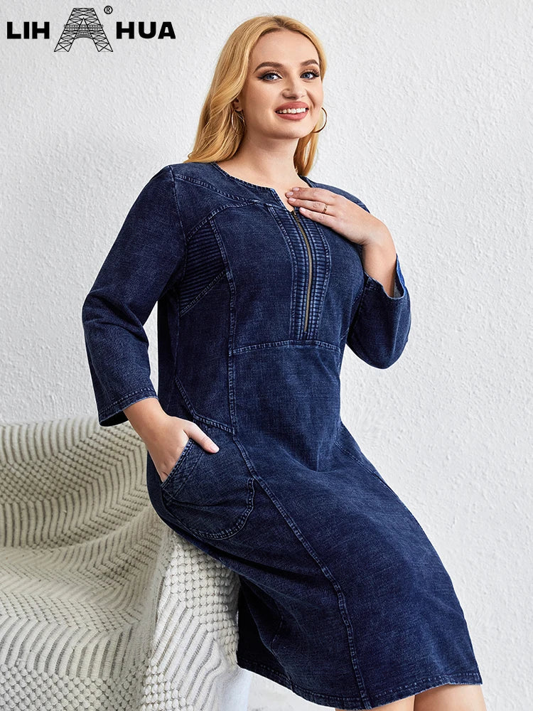 LIH HUA Women's Plus Size Denim Dress Autumn Chic Elegant Dresses For Chubby Women Cotton Knitted Dress