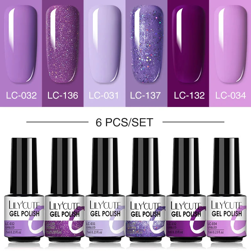 LILYCUTE 6Pcs/Set Nail Gel Polish Summer Neon Colorful Glitter For Manicure Semi Permanent Soak Off Gel UV LED Varnishes Kit