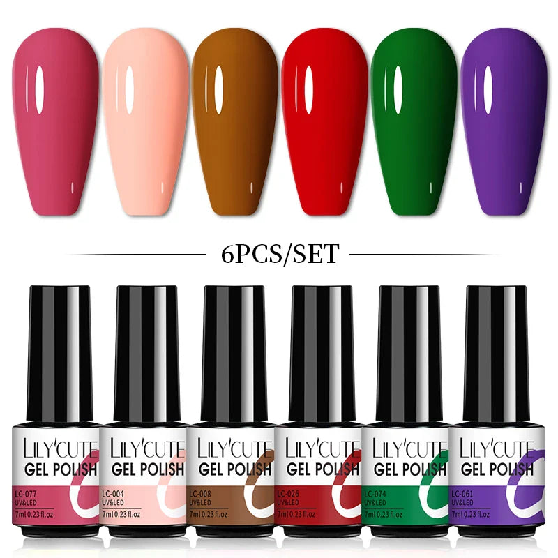 LILYCUTE 6Pcs/Set Nail Gel Polish Summer Neon Colorful Glitter For Manicure Semi Permanent Soak Off Gel UV LED Varnishes Kit