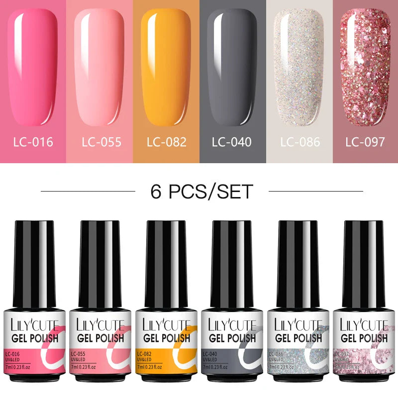LILYCUTE 6Pcs/Set Nail Gel Polish Summer Neon Colorful Glitter For Manicure Semi Permanent Soak Off Gel UV LED Varnishes Kit