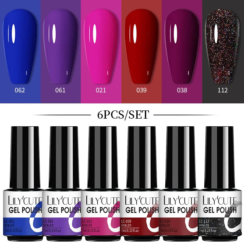 LILYCUTE 6Pcs/Set Nail Gel Polish Summer Neon Colorful Glitter For Manicure Semi Permanent Soak Off Gel UV LED Varnishes Kit