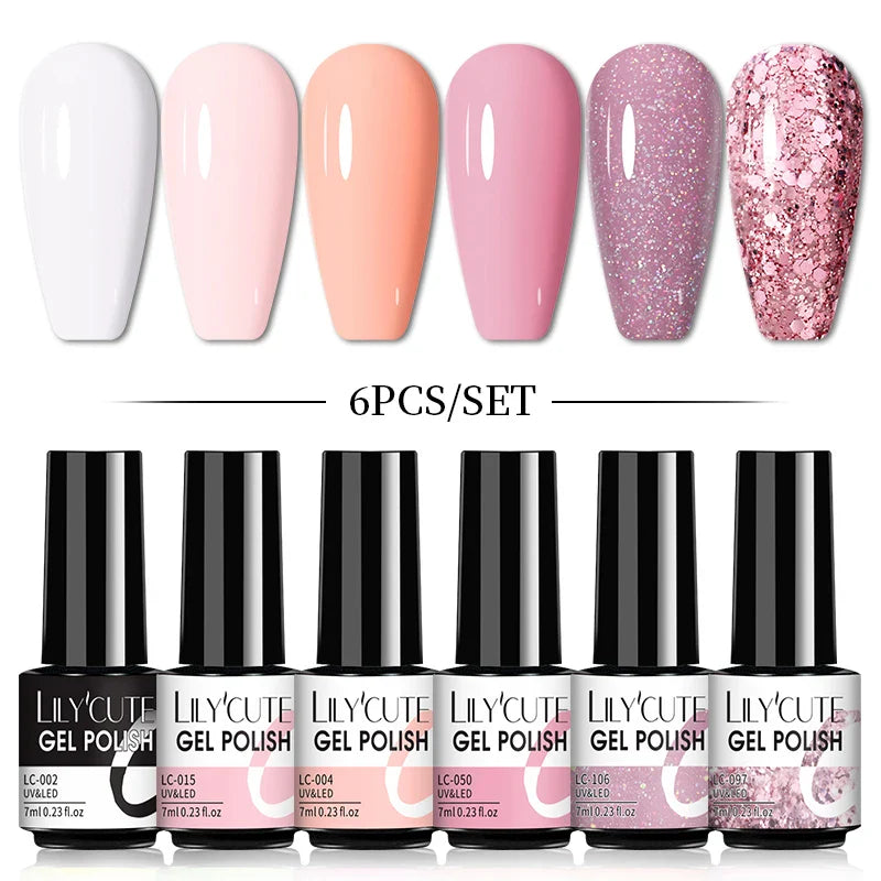 LILYCUTE 6Pcs/Set Nail Gel Polish Summer Neon Colorful Glitter For Manicure Semi Permanent Soak Off Gel UV LED Varnishes Kit