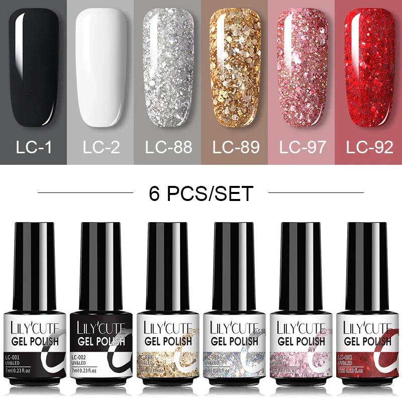 LILYCUTE 6Pcs/Set Nail Gel Polish Summer Neon Colorful Glitter For Manicure Semi Permanent Soak Off Gel UV LED Varnishes Kit