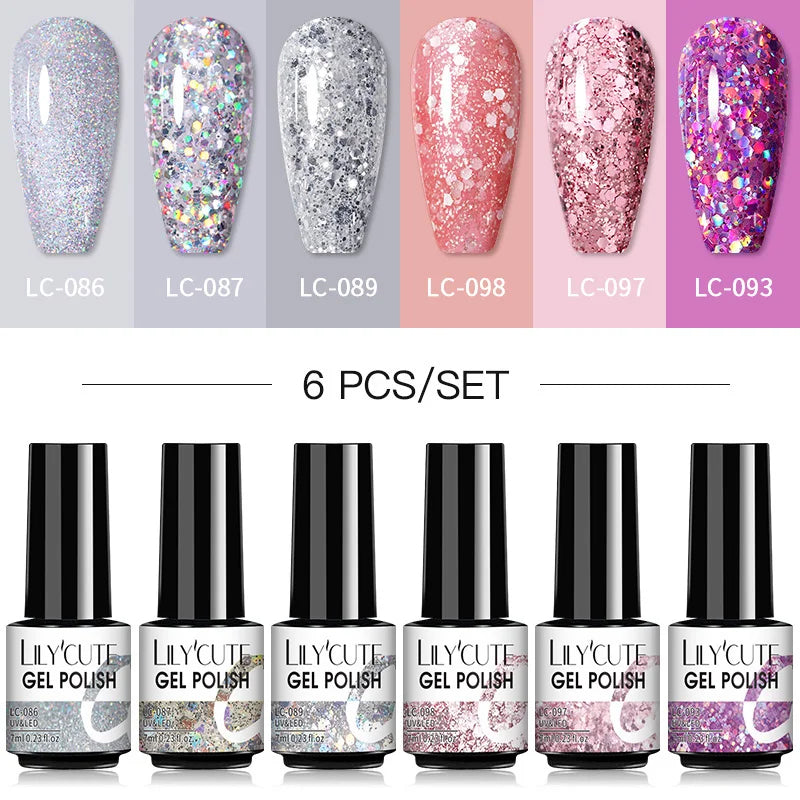 LILYCUTE 6Pcs/Set Nail Gel Polish Summer Neon Colorful Glitter For Manicure Semi Permanent Soak Off Gel UV LED Varnishes Kit