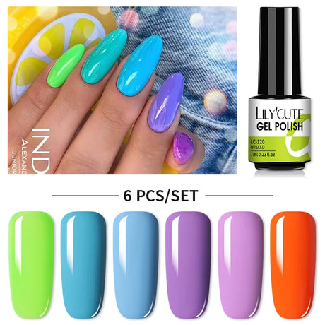 LILYCUTE 6Pcs/Set Nail Gel Polish Summer Neon Colorful Glitter For Manicure Semi Permanent Soak Off Gel UV LED Varnishes Kit