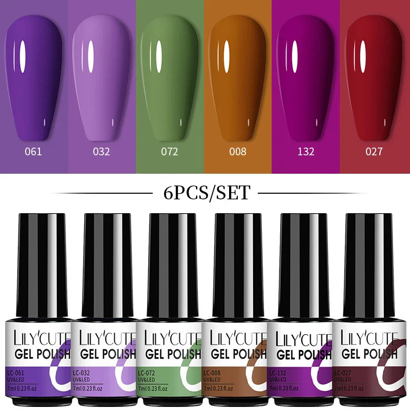LILYCUTE 6Pcs/Set Nail Gel Polish Summer Neon Colorful Glitter For Manicure Semi Permanent Soak Off Gel UV LED Varnishes Kit