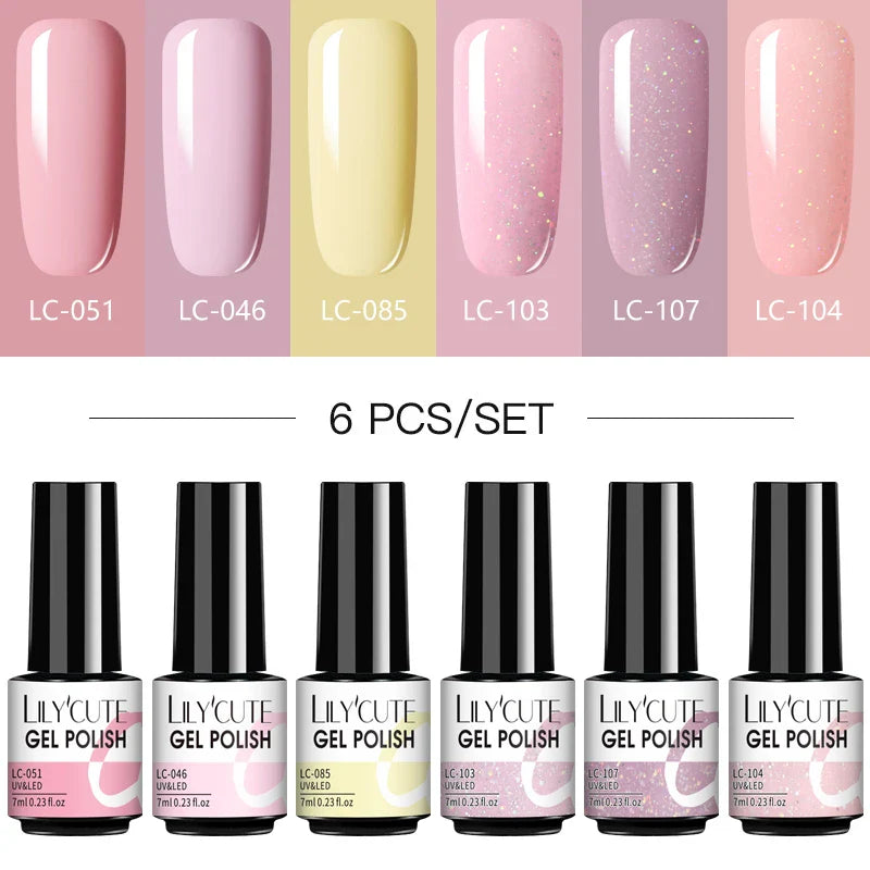 LILYCUTE 6Pcs/Set Nail Gel Polish Summer Neon Colorful Glitter For Manicure Semi Permanent Soak Off Gel UV LED Varnishes Kit