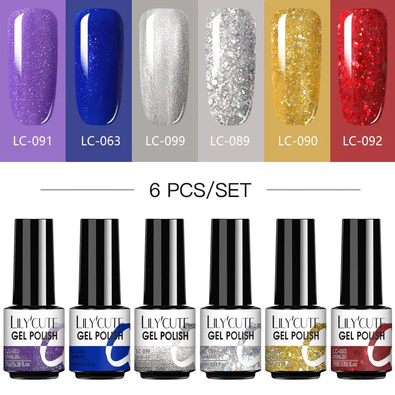 LILYCUTE 6Pcs/Set Nail Gel Polish Summer Neon Colorful Glitter For Manicure Semi Permanent Soak Off Gel UV LED Varnishes Kit