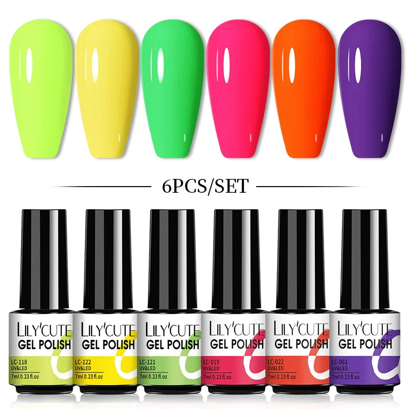 LILYCUTE 6Pcs/Set Nail Gel Polish Summer Neon Colorful Glitter For Manicure Semi Permanent Soak Off Gel UV LED Varnishes Kit