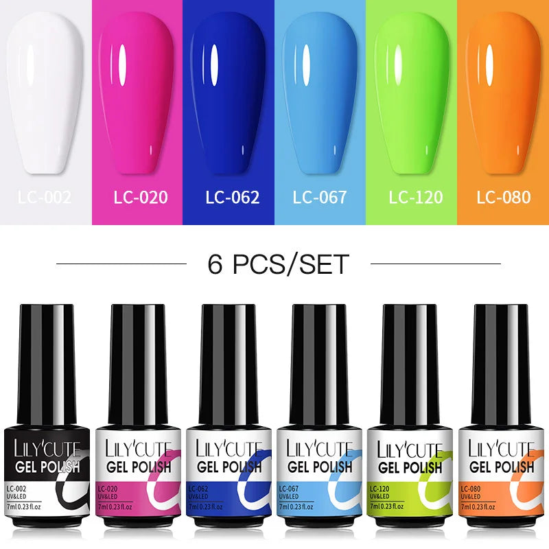 LILYCUTE 6Pcs/Set Nail Gel Polish Summer Neon Colorful Glitter For Manicure Semi Permanent Soak Off Gel UV LED Varnishes Kit