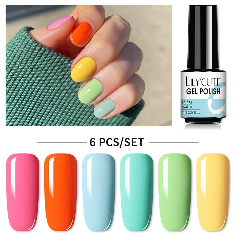LILYCUTE 6Pcs/Set Nail Gel Polish Summer Neon Colorful Glitter For Manicure Semi Permanent Soak Off Gel UV LED Varnishes Kit
